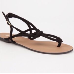 Black Rope T Strap Knot Buckle Closure Flat Sandals NEW